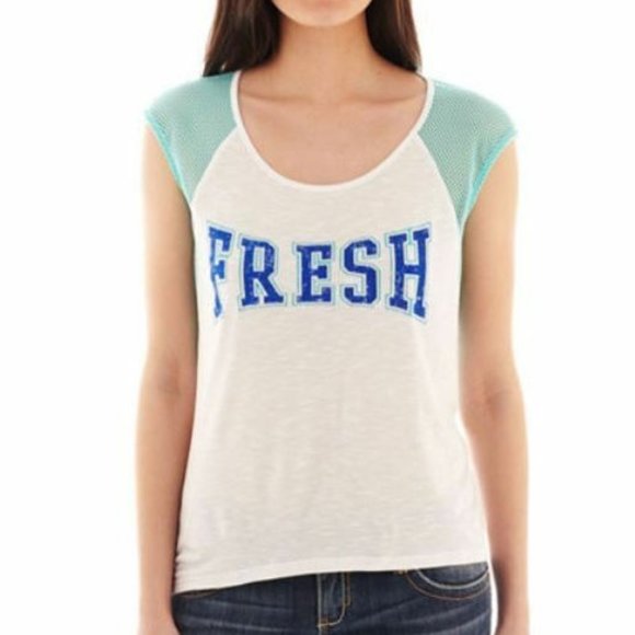 Weavers Cap-Sleeve Mesh-Inset Graphic Tee New - Picture 1 of 3